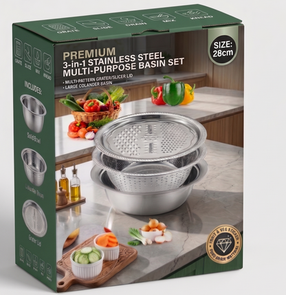 🥗 3-in-1 Stainless Steel Multi-Purpose Basin Set
