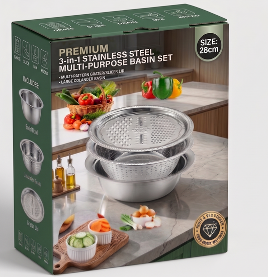 🥗 3-in-1 Stainless Steel Multi-Purpose Basin Set