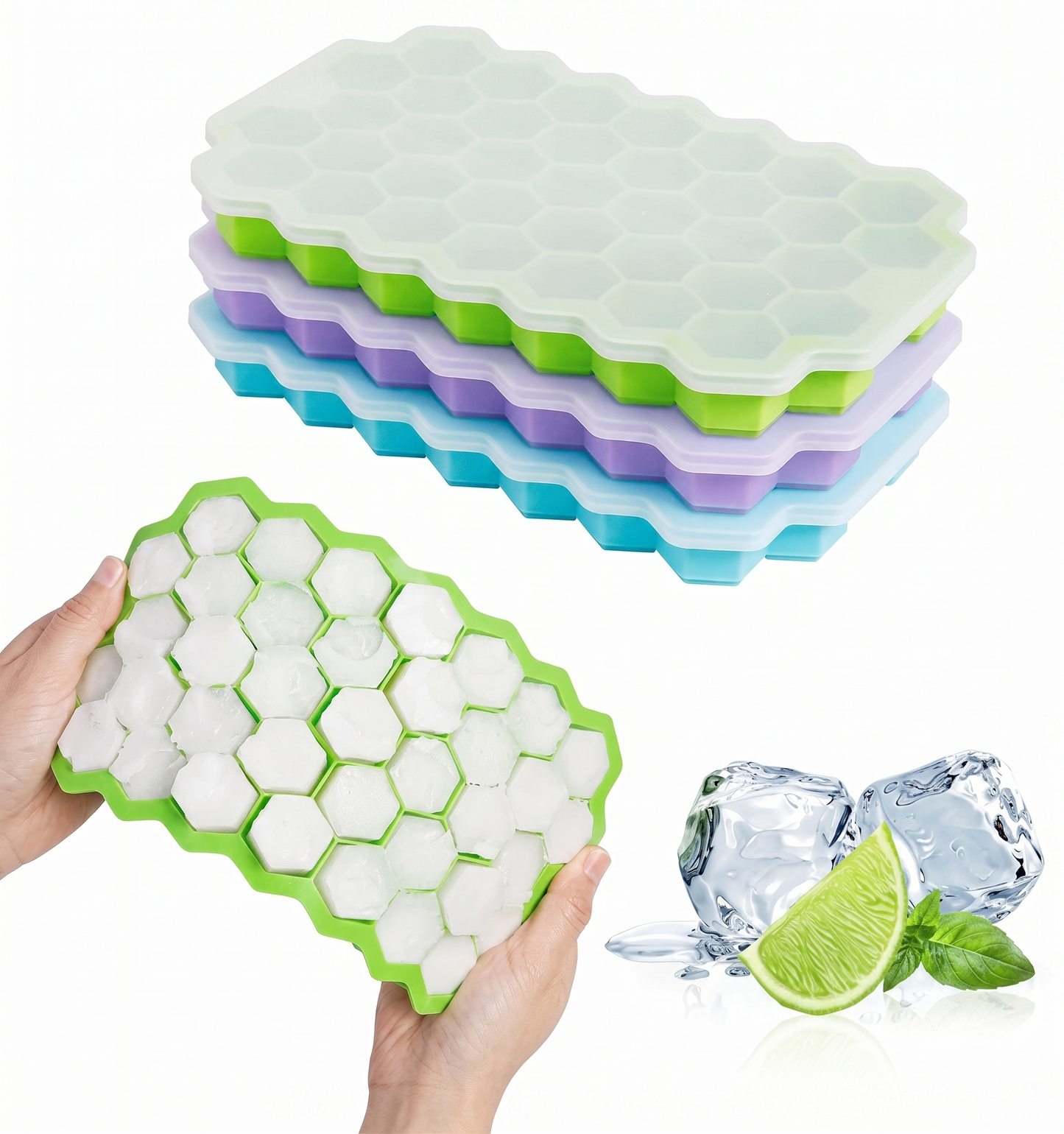 Silicone Hexagon Ice Cube Tray with Lid with Pack of 3